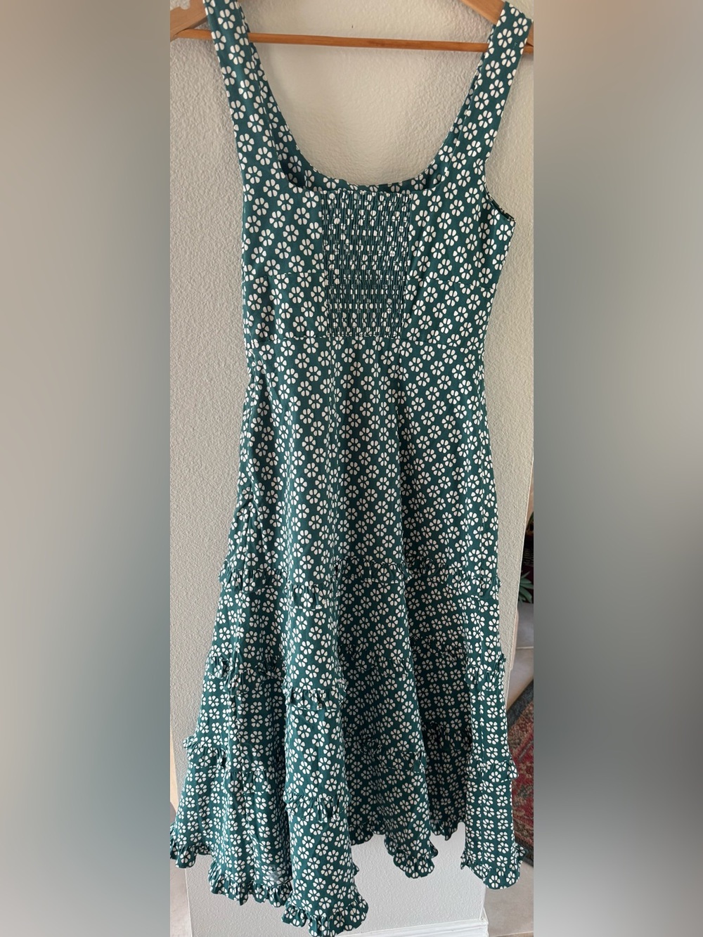Anthropologie Green and White Floral Tiered Midi Dress - Picture 3 of 3